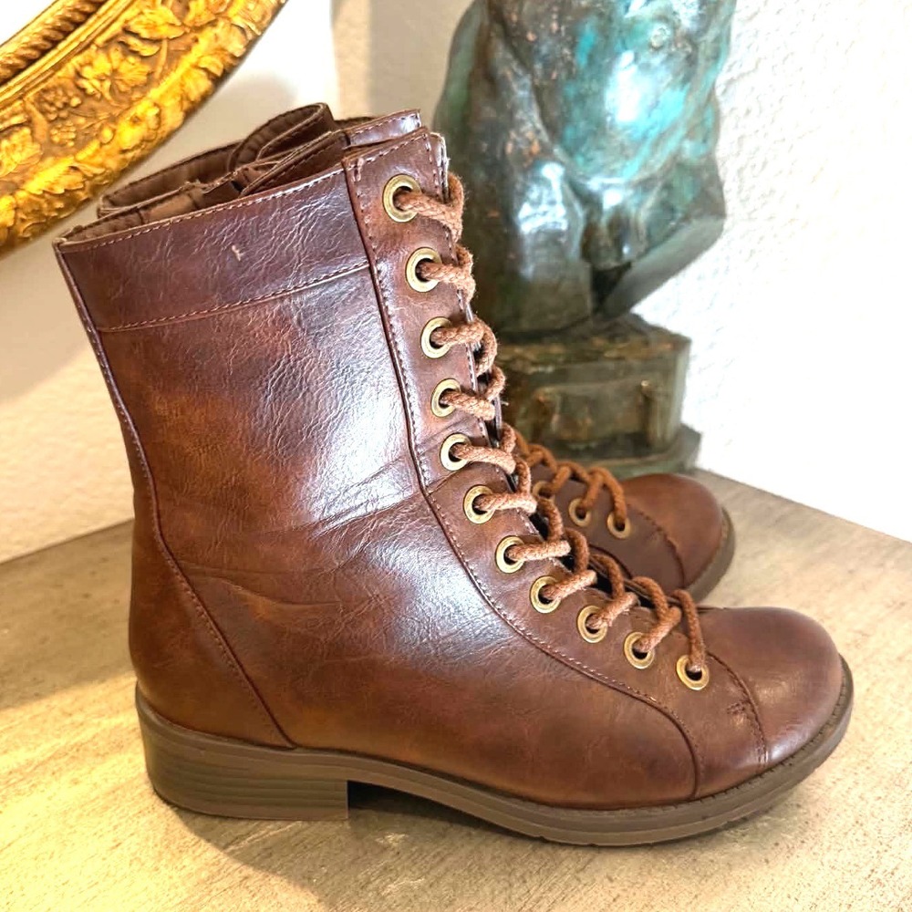 Brown Lace Up Side Zip Combat Boots Womens Size 7